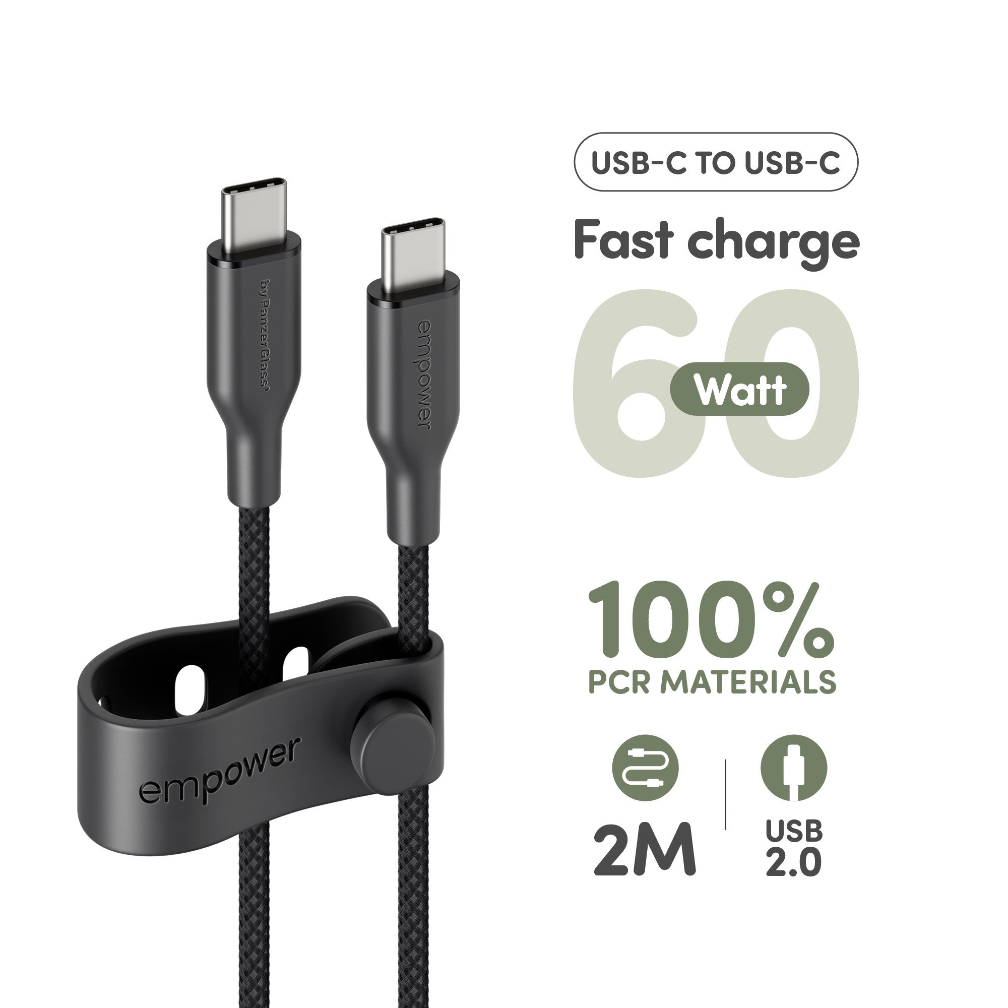 empower by PanzerGlass® Racing 60W USB-C to USB-C Kabel | USB 2.0 | 2M | Weltall Schwarz